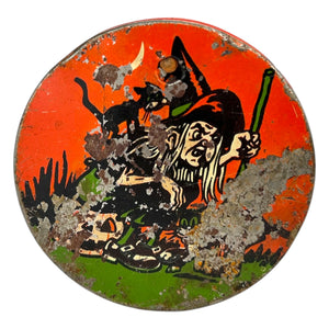 Vintage Halloween US Metal Toy Tin Litho Witch Noisemaker Ratchet ~ 1950s at Eerie Emporium. 2
