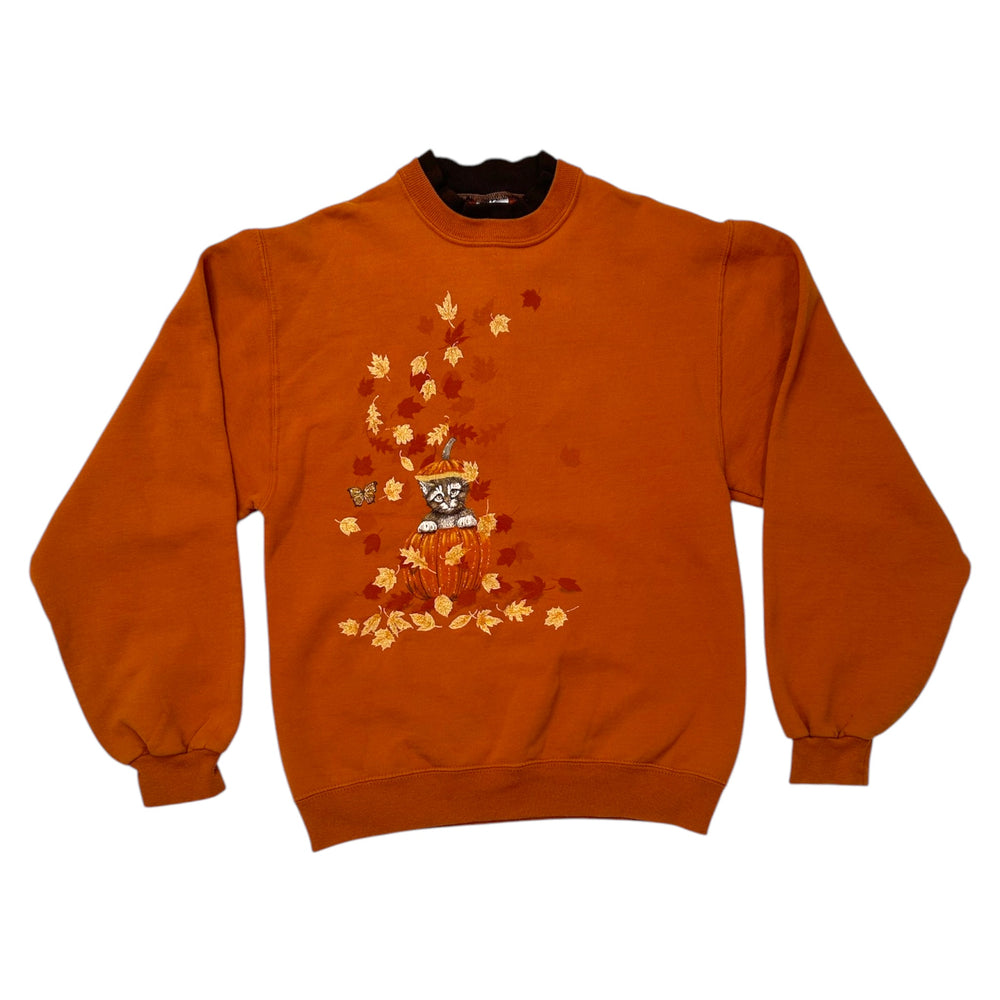 Vintage Sweatshirt Fall Kitten In Pumpkin with Glitter & Leaves Size Small at Eerie Emporium. 