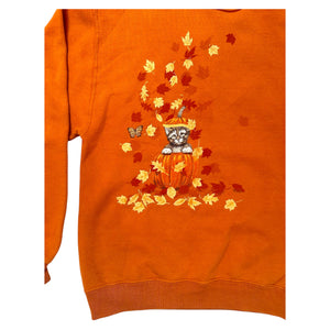 Vintage Sweatshirt Fall Kitten In Pumpkin with Glitter & Leaves Size Small at Eerie Emporium. 3