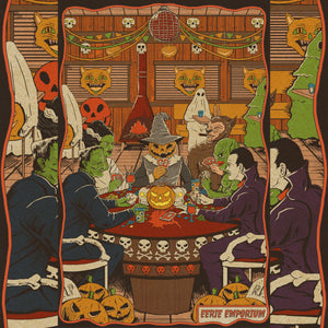 
            
                Load image into Gallery viewer, Petrifying Poker Print - A retro hotel is full of monsters, including a group playing poker together.
            
        