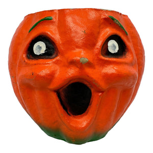 Vintage Halloween Pulp Paper Mache Jack-O'-Lantern Candy Container from the 1950s at Eerie Emporium.