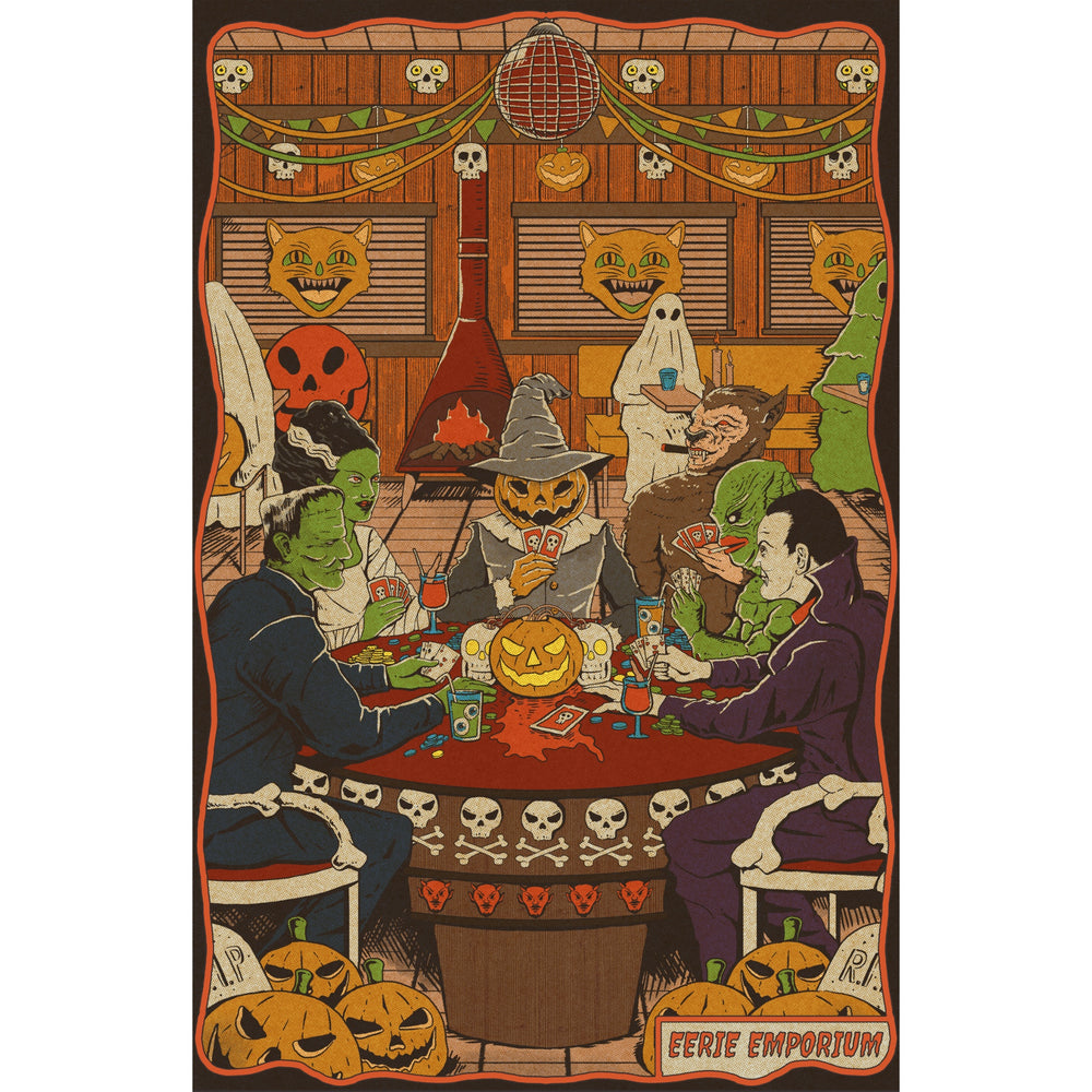 Petrifying Poker Print - A retro hotel is full of monsters, including a group playing poker together.