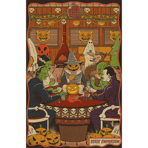 
            
                Load image into Gallery viewer, Petrifying Poker Print - A retro hotel is full of monsters, including a group playing poker together.
            
        