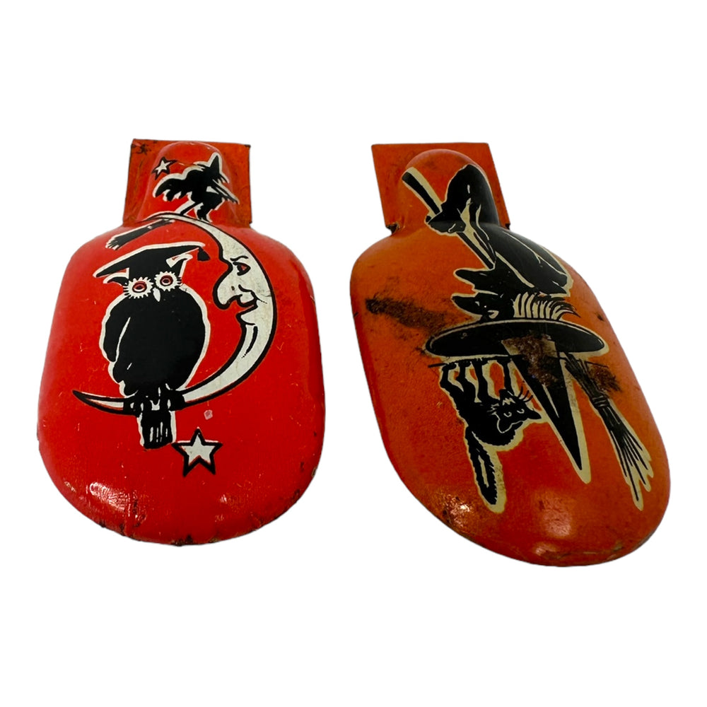 Vintage Halloween Kirchhof Owl & Witch Tin Clicker Noisemakers, Set of 2 ~ Made In USA at Eerie Emporium.