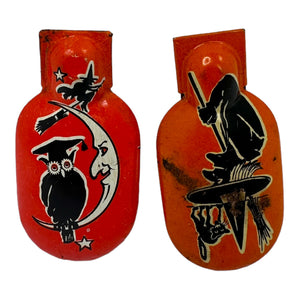 Vintage Halloween Kirchhof Owl & Witch Tin Clicker Noisemakers, Set of 2 ~ Made In USA at Eerie Emporium.