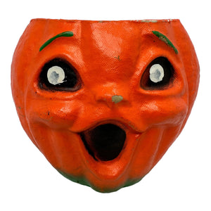 Vintage Halloween Pulp Paper Mache Jack-O'-Lantern Candy Container from the 1950s at Eerie Emporium.