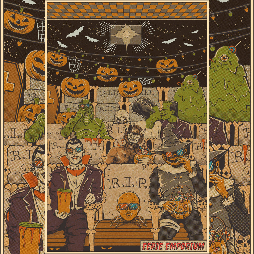 Monster Movie Night Print - A movie theater is full of monsters sitting in tombstone seats while eating creepy candy out of jack o' lantern buckets.