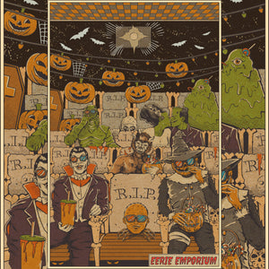 Monster Movie Night Print - A movie theater is full of monsters sitting in tombstone seats while eating creepy candy out of jack o' lantern buckets.