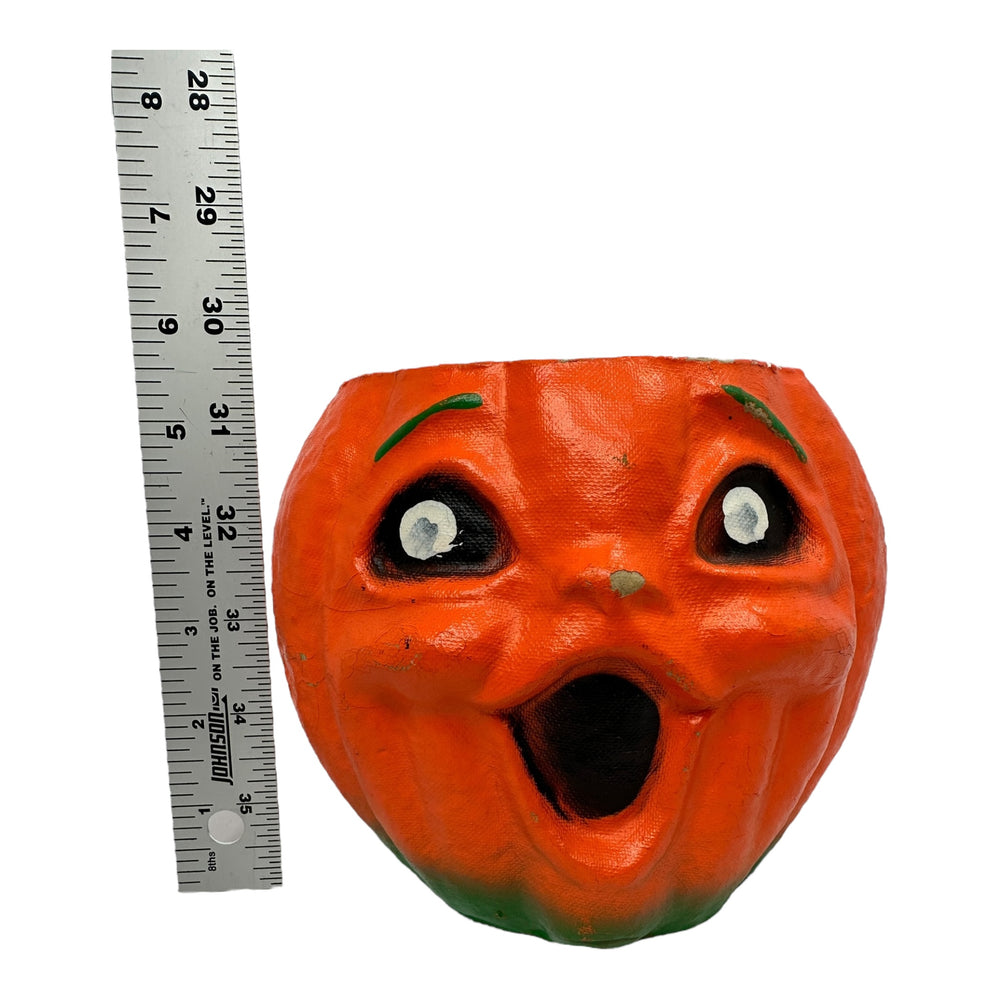 Vintage Halloween Pulp Paper Mache Jack-O'-Lantern Candy Container from the 1950s at Eerie Emporium.