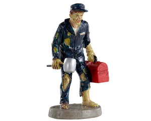 
            
                Load image into Gallery viewer, A ghoulish zombie mechanic dressed in navy holds a large hammer like tool in one hand and his red tool box in the other. Let him work on your car if you dare!
            
        