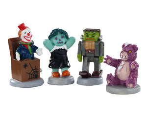 
            
                Load image into Gallery viewer, Four creepy toys, a jack in the box, a girl monster, Frankenstein and an evil purple teddy bear sit in a circle and plot their next mischievous act.
            
        