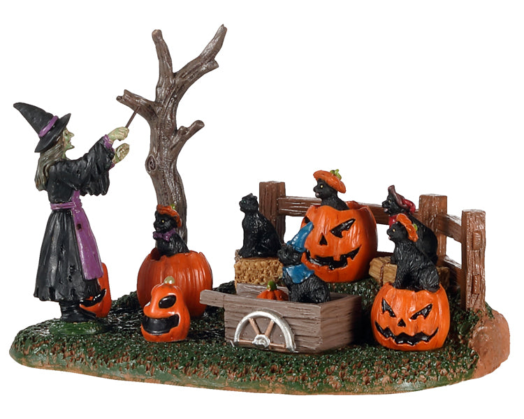 A witch leads a choir of six black cats that are seated on Pumpkins or haybales. A spooky tree and wooden fence are behind them.