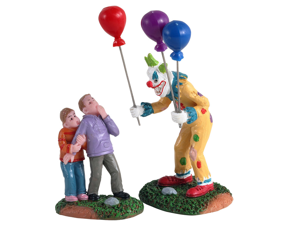 Two-piece set has a scary clown dressed in full clown paint, green hair, and a yellow polka-dot outfit. He's holding three colored balloons and he is offering them up for sale to two young boys. But the two children are horrified! One of them hides behind the other, clutching on for dear life.