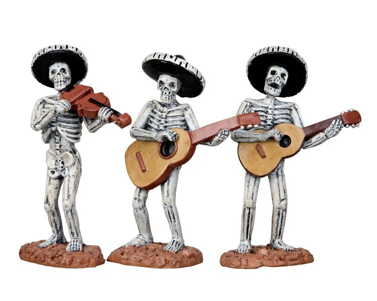 Three skeletons with mariachi hats on play their string instruments.