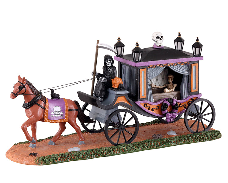 A gothic purple and black stage coach is driven by a skeleton/reaper that's pulled by a horse. Inside to carriage is another spooky skeleton.