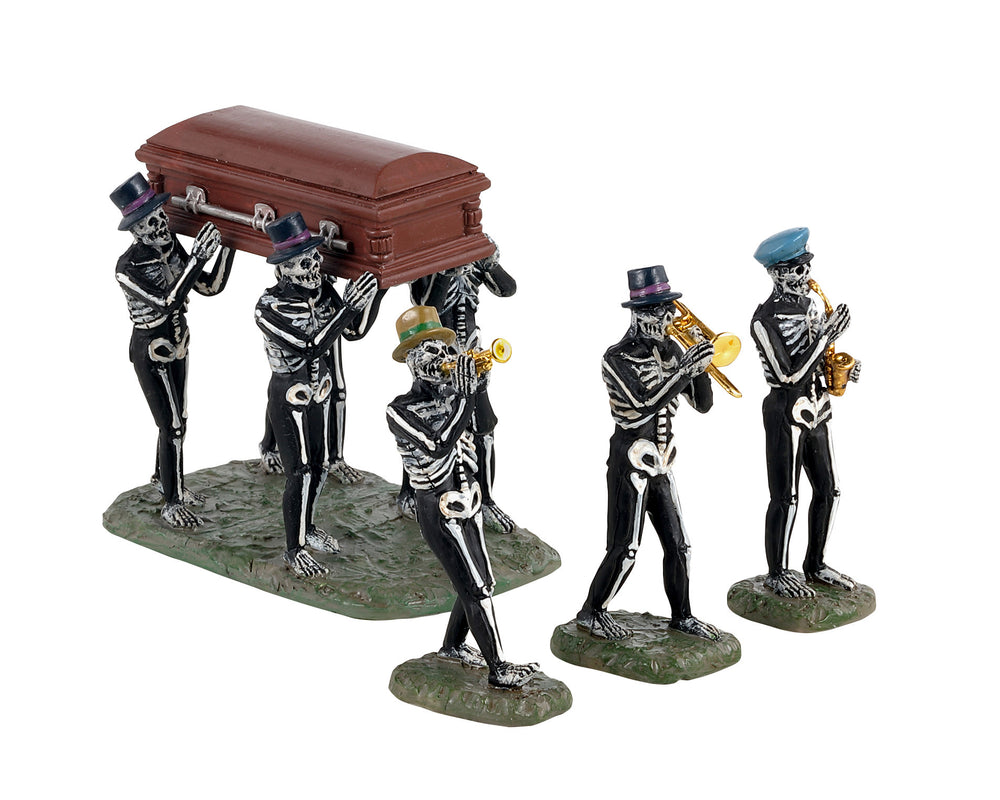 
            
                Load image into Gallery viewer, Jazz Funeral is a four-piece set where a marching band of skeletons are sending off a friend to the afterlife in style. Leading the parade are three skeletons playing the trumpet, the trombone, and the saxophone. In the back, four skeletons follow behind as pallbearers. They&amp;#39;re all wearing funky hats as they parade around and celebrate the fallen with jazz.
            
        