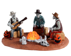 Warming Their Bones is no easy feat, so it's a good thing they have a fire. These three skeleton cowboys are sitting on hay bales around a glowing campfire, and they're enjoying a warm beverage while one of them plays a guitar. On the ground are two Jack-o'-lanterns and the skeletal remains of a bull. Thankfully, they're keeping warm by the fire. Just because they're skeletons doesn't mean they don't get cold.