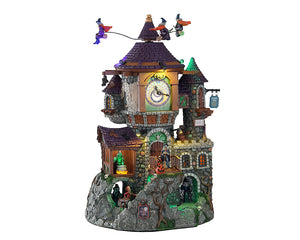 A massive Stone clock tower with a purple roof is covered in witches including 3 flying above the structure. Green lights and bubbling cauldrons add spooky elements to the piece.