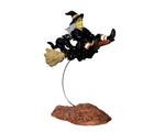 A witch dressed in black sits atop a wire that makes it appear as though she's flying. Her black cat sidekick rides on her broom behind her.