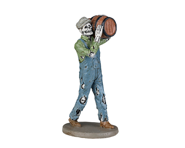 A skeleton/zombie in overalls carries a barrel over his shoulder.