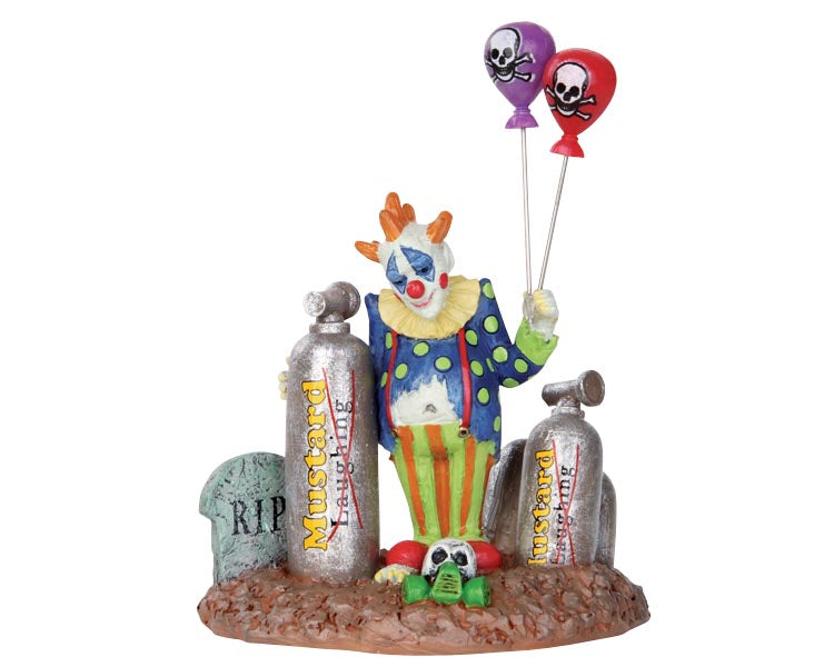 A dejected creepy clown holds two balloons, nestled between two mustard gas canisters and a tombstone. 