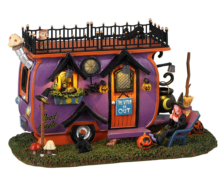 Lemax Spooky Town Witch Vanlife #34066 - A witchy purple camper van with mushroom accents is home to a witch, multiple black cats and an owl.