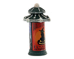 Lemax Spooky Town Creepy Bulletin #34074 - a green stone post has a sign on it that depicts a black cat wearing a witch hat sitting on a jack o lantern, the sign reads Halloween Festival October 31st.