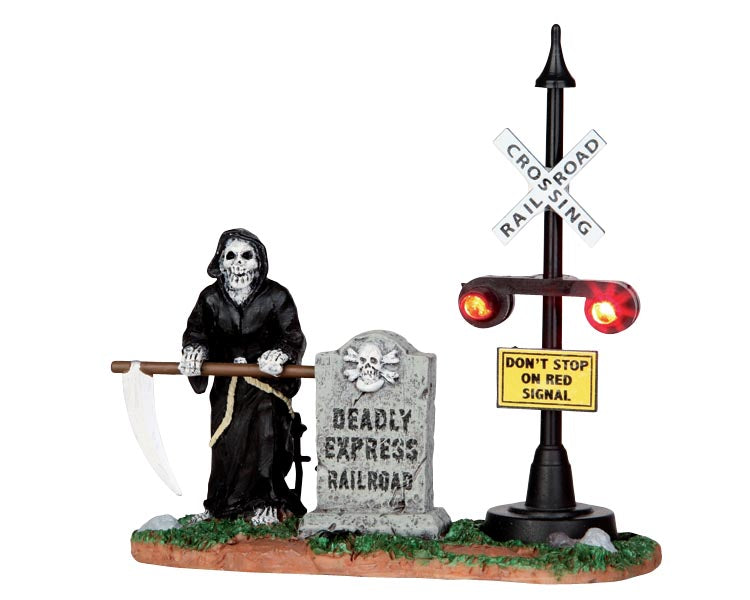 A grim reaper stands at a railroad crossing next to a tombstone that reads Deadly Express Railroad.