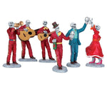 A group of six dancing skeletons play music and drink while being festive. five are dressed in red, one in blue. 