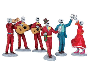 
            
                Load image into Gallery viewer, A group of six dancing skeletons play music and drink while being festive. five are dressed in red, one in blue. 
            
        