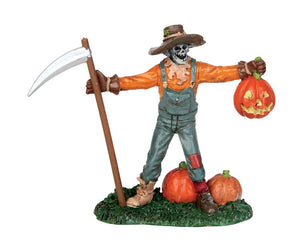 
            
                Load image into Gallery viewer, a sinister skeleton scarecrow holds a scythe in his right hand and a jack-o&amp;#39;-lantern in his left while pumpkins rest at his feet.
            
        