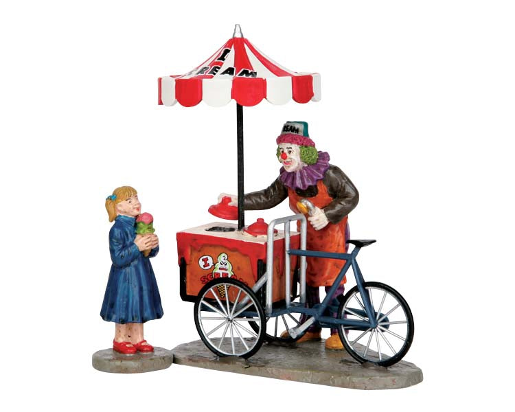 A creepy clown stands behind an ice cream cart, while a cheerful child enjoys ice cream and talks to the clown.