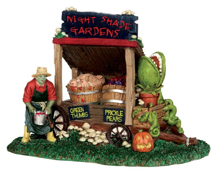 A creepy farmer sits at his roadside stand with a sign that reads Night Shade Gardens where he sells green thumbs and prickle pears with his man eating plant.