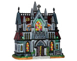 A beautiful creepy cathedral with multiple stained glass windows covered in green, pink and orange squares. Skeletons lay on the ground out front and gargoyles protect the building. 