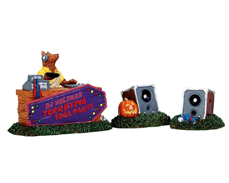 
            
                Load image into Gallery viewer, A werewolf DJ plays music while his large speakers sit next to a jack o&amp;#39; lantern.
            
        