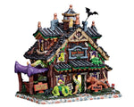 A ramshackle cabin style building with multiple copper spouts is engulfed by monsters like bats, dragons, squid-like creatures, aggressive dogs and man eating plants.