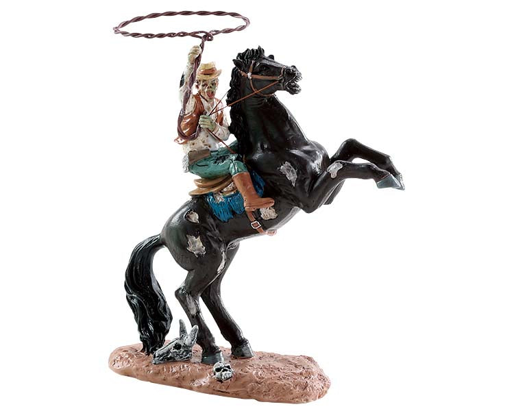 A ghoul/monster holds a lasso on top of their bucking black zombie horse. 
