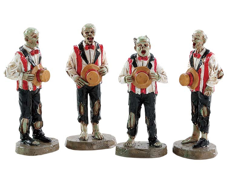 
            
                Load image into Gallery viewer, Lemax Spooky Town Horrific Harmonies, Set of 4 #82562 - four green zombie-monsters dressed in ripped red and white choir outfits with bow-ties and top hats, sing together.
            
        