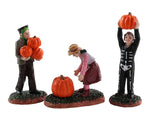 3 costumed children pick out pumpkins. There are two boys, one dressed as frankenstein and another as a skeleton, the one girl is dressed as a cowgirl. 