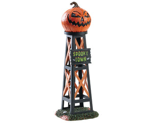 
            
                Load image into Gallery viewer, A black and orange wood water tower with a sign that reads Spooky Town is topped by a large sinister Jack-o&amp;#39;-lantern
            
        