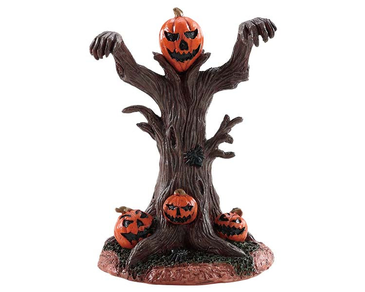A menacing monster pumpkin tree raises it's arms above it's head in hopes of grabbing it's next victim. 3 jack-o'-lanterns rest on the bottom of the tree.