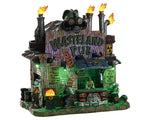 An apocalyptic bar with a sign that reads wasteland pub that glows green is crawling in monsters.  Hazmat signs, barrels and burning trash barrels are present throughout.
