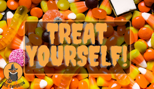 An image of Halloween Candy including candy corn, gummy worms and more is covered in orange text that reads "treat yourself". The logo for Eerie Emporium which is a pumpkin monster with a trick or treat bucket and a witch hat is in the bottom let corner of the photo.