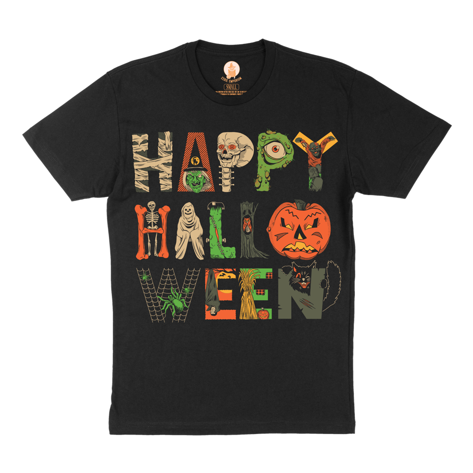 A t-shirt full of the eerie elements in the spookiest way! Elements include a green witch, zombie, skeleton, ghost, vampire and black cat.