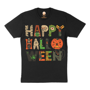 A t-shirt full of the eerie elements in the spookiest way! Elements include a green witch, zombie, skeleton, ghost, vampire and black cat.
