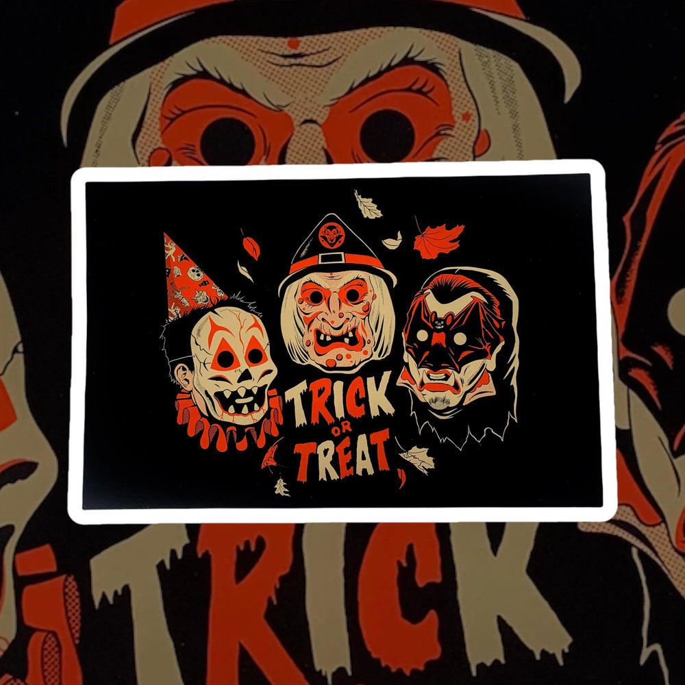 3 vintage style trick or treaters wearing a witch mask, vampire mask and ghoul mask are above lettering that says Trick or Treat.