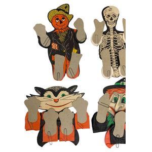 
            
                Load image into Gallery viewer, Vintage Halloween Dancers from the 1960s or 1970s. A Skeleton, a scarecrow, a witch and a black cat.
            
        
