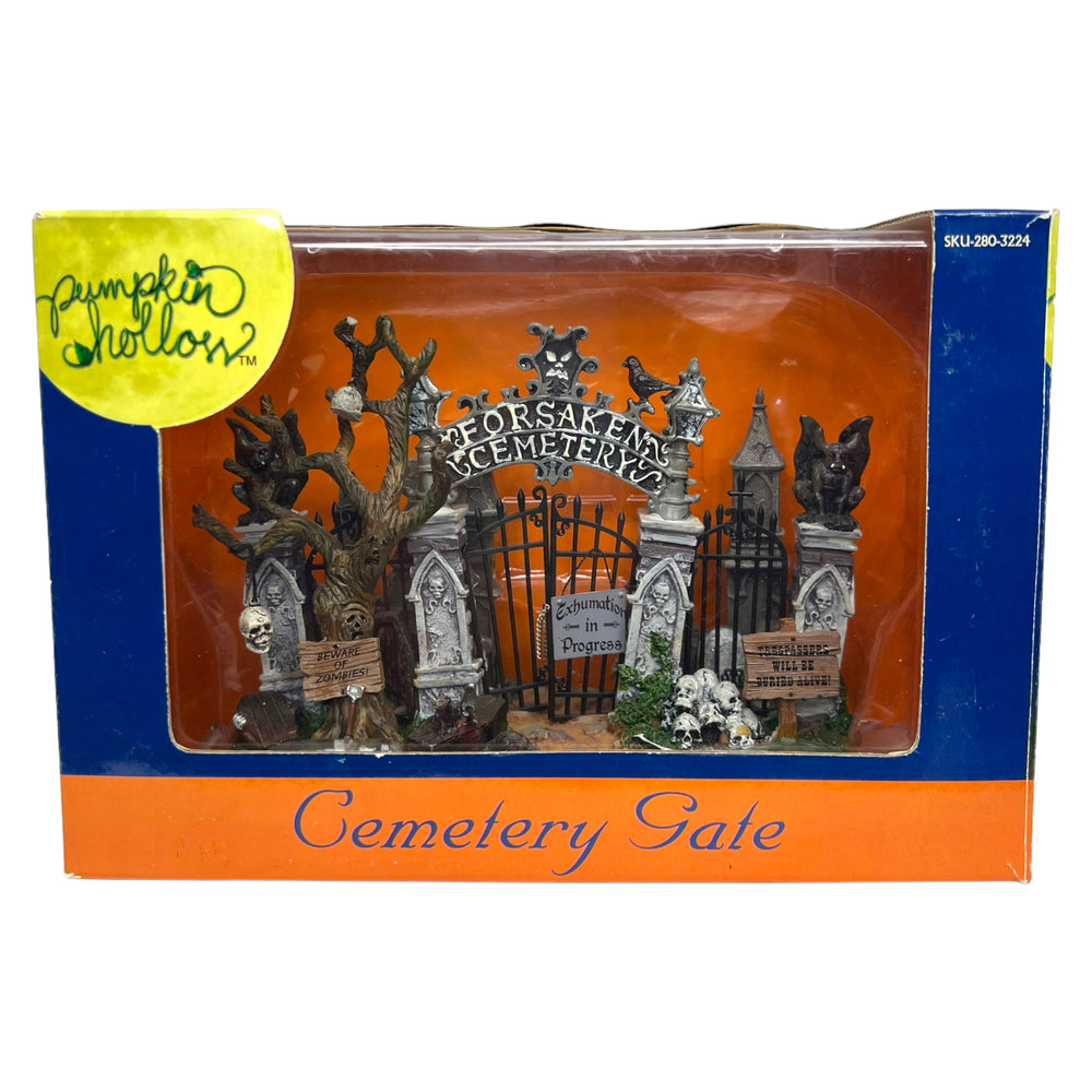 
            
                Load image into Gallery viewer, Retired Lemax Spooky Town Cemetery Gate #43421. A graveyard gate with the words forsaken cemetery written on the front.
            
        