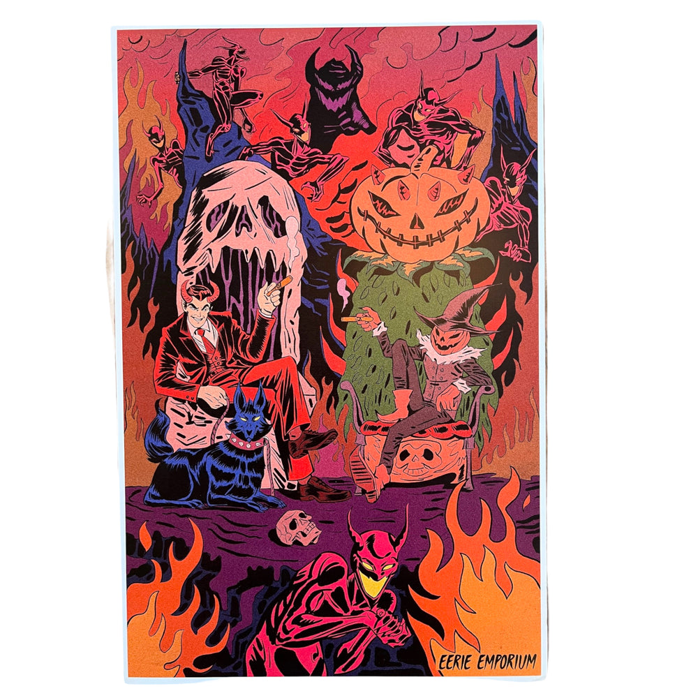 A poster of a pumpkin monster and his good friend the devil, sit together in their thrones smoking cigars together in Hell. Meanwhile, sinister demons plot their next dastardly deeds all around them.