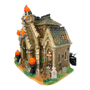 Retired Lemax Spooky Town All Hallows Mausoleum #35491 - A creepy crypt is full of skeletons and ghouls. flames illuminate the building. 